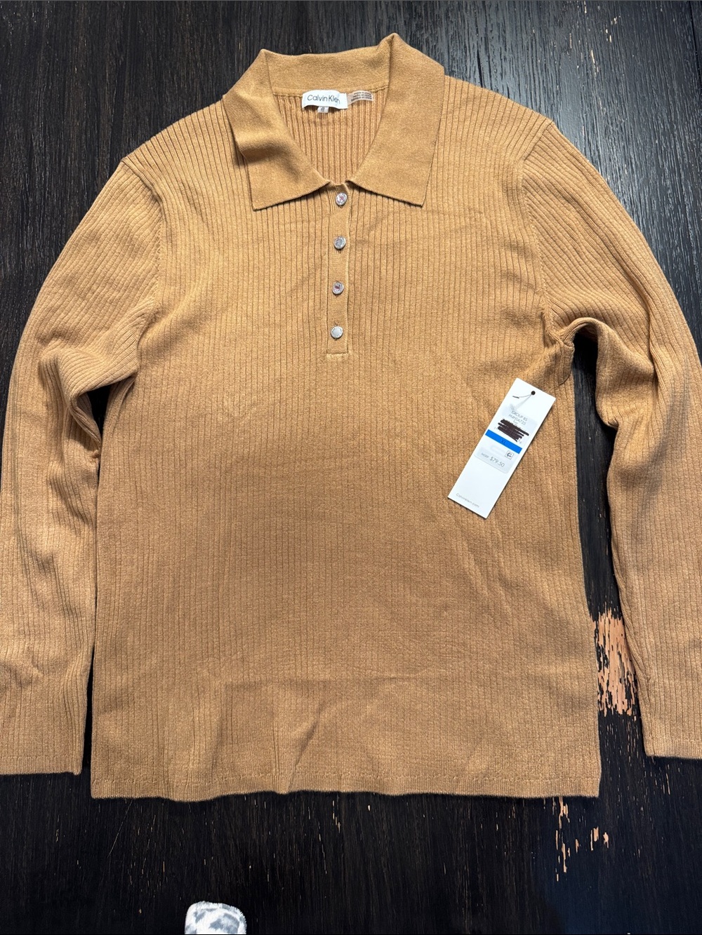 Calvin Klein Women's Ribbed Long Sleeve Collar Button Up Sweater in Luggage